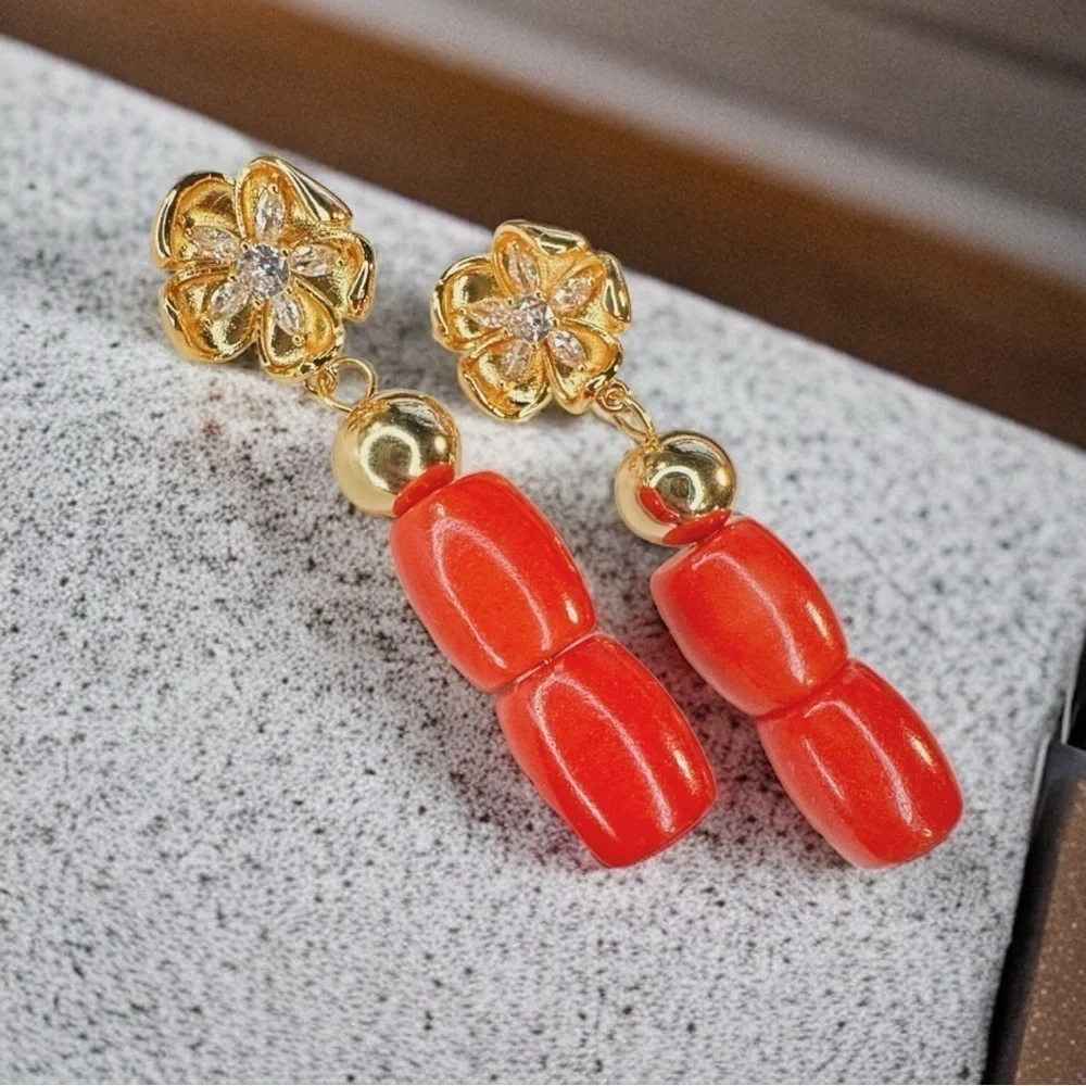 NEW Yellow Gold Blooming Flower Gold Hematite & Red-Orange Natural Coral Earring